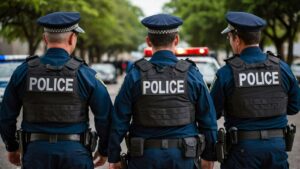 three police officers standing next to each other