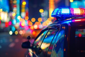 Police patrol vehicle on standby during nighttime hours.