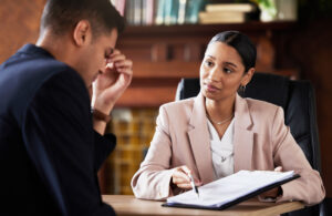 Corporate contract, lawyer explain and stress of client from legal documents and information. Business woman, will testament reading and sad man in a law firm office feeling upset about assets.