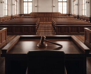 Courtroom hallway with a defendant waiting outside the courtroom.