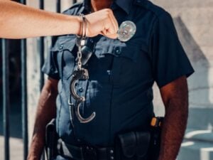 The Bane Act: California's Civil Rights Law and the Fight Over Intent 1 Person holding up handcuffed wrists in front of a police officer.